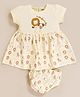 MOONKIDS 100% Pure Cotton Knit Half Sleeves Animals Embroidered Dress With Bloomers - Butter