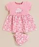 MOONKIDS 100% Pure Cotton Knit Half Sleeves Animals & Birds Embroidered Dress With Bloomers - Baby Pink