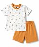 Pink Rabbit Sinker Knit Half Sleeves T-Shirt & Shorts Set With Boat & Aeroplane Print - Rust Orange
