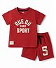 Pink Rabbit Sinker Knit Half Sleeves T-Shirt & Shorts Set With Text Print - Dark Red