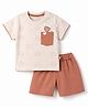 Mini Taurus Cotton Knit Half Sleeves T-Shirt & Shorts Set With Tiger Print - Light Brown & Rust