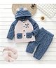 Mark & Mia Raglan Full Sleeves Bear Embroidered Hooded Shirt & Pyjama Winter Wear Night Suit - Navy Blue
