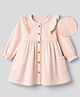 Bonfino Cotton Elastane Woven Mix 'n' Match Fit & Flare Rib & Double Gauze Dress With Full Sleeves and Frill Detail - Pink