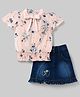 Enfance Knit Half Sleeves Top & Denim Skirt Set With Floral Print - Peach