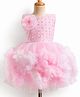 Enfance Net Woven Sleeveless Floral Sequinned Flared Party Dress With Floral Applique & Pearl Embellishment - Pink