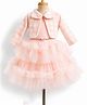 Enfance Net Woven Full Sleeves Checked Layered Party Dress With Jacket - Peach