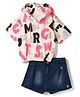 Olio Kids Sinker Knit Half Sleeves Text Printed Hooded Top & Shorts Set - Pink