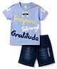 Olio Kids Sinker Knit Half Sleeves Text Printed T-Shirt & Shorts Set - Blue