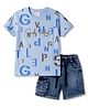 Olio Kids Sinker Knit Half Sleeves  Text Printed T-Shirt & Shorts Set - Light Blue