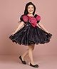 smile baby NX  Tissue Woven Half Puffed Sleeves Beads & Stone Embellished Floral Applique Detailed Dress - Black