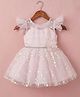 smile baby NX Woven Frill Sleeves Stones Embellished Floral Applique & Glitter Detailed Dress - Pink
