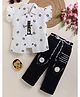 NUTTY BUTTY Textile Knit Sun Shine Text Printed Top & Capri With Frill Sleeves Jacket Set - White