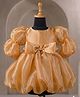 Casa Ninos Organza Woven Full Puffed Sleeves Bow Applique Detailed Balloon Dress - Yellow