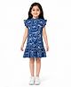 Anthrilo Cotton Knit Cap Sleeves Frill Detailed & Bows Printed Dress - Blue