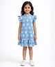 Anthrilo Cotton Knit Cap Sleeves Frill Detailed & Hedgehog Printed Dress - Blue