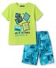 Pine Kids Cotton Knit Half Sleeves T-Shirt & Shorts Night Suit With Space Theme - Limegreen & Blue