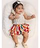 Halemons Muslin Woven Frill  Sleeves Chevron Embroidered Top & Skirt Set With Bloomers - Multi Colour