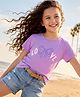 Kookie Kids Single Jersey Knit Half Sleeves T-Shirt with Bow & Text Printed - Lavender