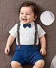 Mark & Mia Woven Half Sleeves Solid Party Romper With Suspender & Bow -Multicolor