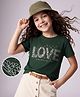 Kookie Kids Single Jersey Knit Half Sleeves T-Shirt With Floral & Text Print - Dark Green