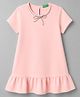 UCB Viscose Knit Half Sleeves A Line One Piece Frock With Embellished Bow Applique - Light Pink