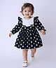 Bella Moda Cotton Woven Full Sleeves Bow Applique Frill Detailed Polka Dots Printed & Schiffli Embroidered Dress - Black