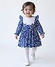 Bella Moda Cotton Woven Full Sleeves Frill & Bow Applique Detailed Floral Printed & Schiffli Embroidered Dress - Blue