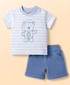 Zero Sinker Knit Half Sleeves Striped T-Shirt & Shorts Set With Bear Print - Light Blue