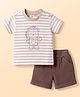 Zero Sinker Knit Half Sleeves Striped T-Shirt & Shorts Set With Bear Print - Brown