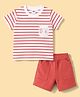 Zero Sinker Knit Half Sleeves Striped & Bear Embroidered T-Shirt & Shorts Set - Red