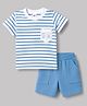 Zero Sinker Knit Half Sleeves Striped & Bear Embroidered T-Shirt & Shorts Set - Light Blue