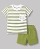 Zero Sinker Knit Half Sleeves Striped & Bear Embroidered T-Shirt & Shorts Set - Olive Green