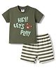 Zero Sinker Knit Half Sleeves T-Shirt & Striped Shorts Set With Text Print & Bear Embroidery - Green