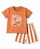 Zero Sinker Knit Half Sleeves T-Shirt & Striped Shorts Set With Sea Life Print - Orange
