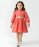 Bella Moda Cotton Woven Full Puffed Sleeves Geometric Embroidered Dress with Contrast Cuff & Belt - Red