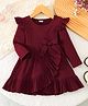 The Kids Club Cotton Knit Full Sleeves Bow Applique Detailed Ribbed Dress - Maroon