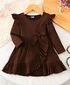 The Kids Club Cotton Knit Full Sleeves Bow Applique Detailed Ribbed Dress - Brown