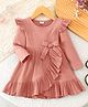 The Kids Club Cotton Knit Full Sleeves Bow Applique Detailed Ribbed Dress - Peach