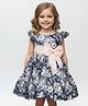 The Kids Club Rayon Knit Frill Sleeves Floral Printed Bow Applique Detailed Dress - Blue