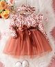 The Kids Club Cotton Lycra Woven Full Sleeves Frill & Bow Applique Detailed Floral Printed Dress With Headband - Brown