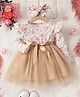 The Kids Club Cotton Lycra Woven Full Sleeves Frill & Bow Applique Detailed Floral Printed Dress With Headband - Cream