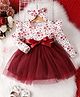 The Kids Club Cotton Lycra Woven Full Sleeves Frill & Bow Applique Detailed Floral Printed Dress With Headband - Maroon