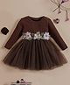 The Kids Club Cotton Rib Woven Full Sleeves Floral Applique Detailed Tutu Style Dress - Brown