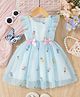 The Kids Club Woven Sleeveless Frill detailed Bow Applique Detailed & Floral Embroidered Sheer Tutu Style Dress - Blue