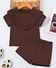 The Kids Club Cotton Rib Knit Half Sleeves Frill Detailed Top & Shorts Set - Brown