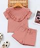 The Kids Club Cotton Rib Knit Half Sleeves Frill Detailed Top & Shorts Set - Peach