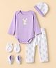 Babyhug 100% Cotton Interlock Knit Full Sleeves Rabbit Printed Onesie with Leggings & Cap Mittens and Booties - Purple