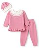 ToffyHouse Knitted Full Raglan Sleeves Winter Wear Suit With Design & Cap - Pink & White