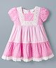 Babyhug Cotton Woven Half Sleeves Polka Dots Printed & Striped Tiered Frock With Lace Detailing - Pink