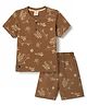 Mini Donuts Sinker Knit Half Sleeves Henley T-Shirt & Shorts Set with Skating Print -Brown